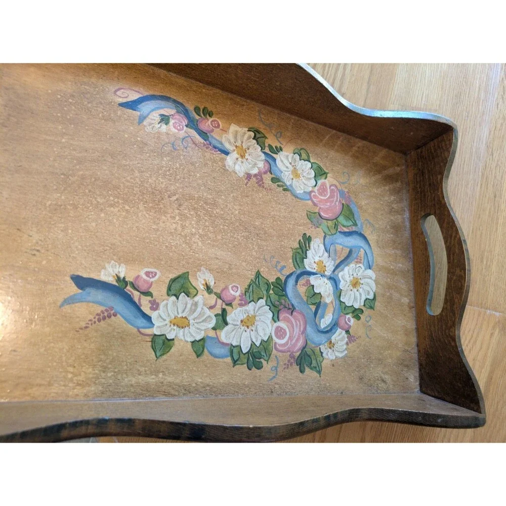 Vintage 80s Hand Painted Floral Wood Serving Tray Handles Art Cottagecore 11x17